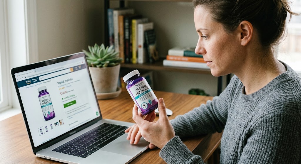 A woman holds a "Vaginal Probiotic" bottle, comparing it to an online listing on her laptop.