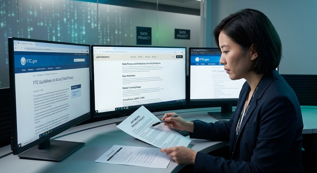 A corporate analyst reviews Anthropic privacy policy documents alongside FTC AI data retention compliance guidelines.
