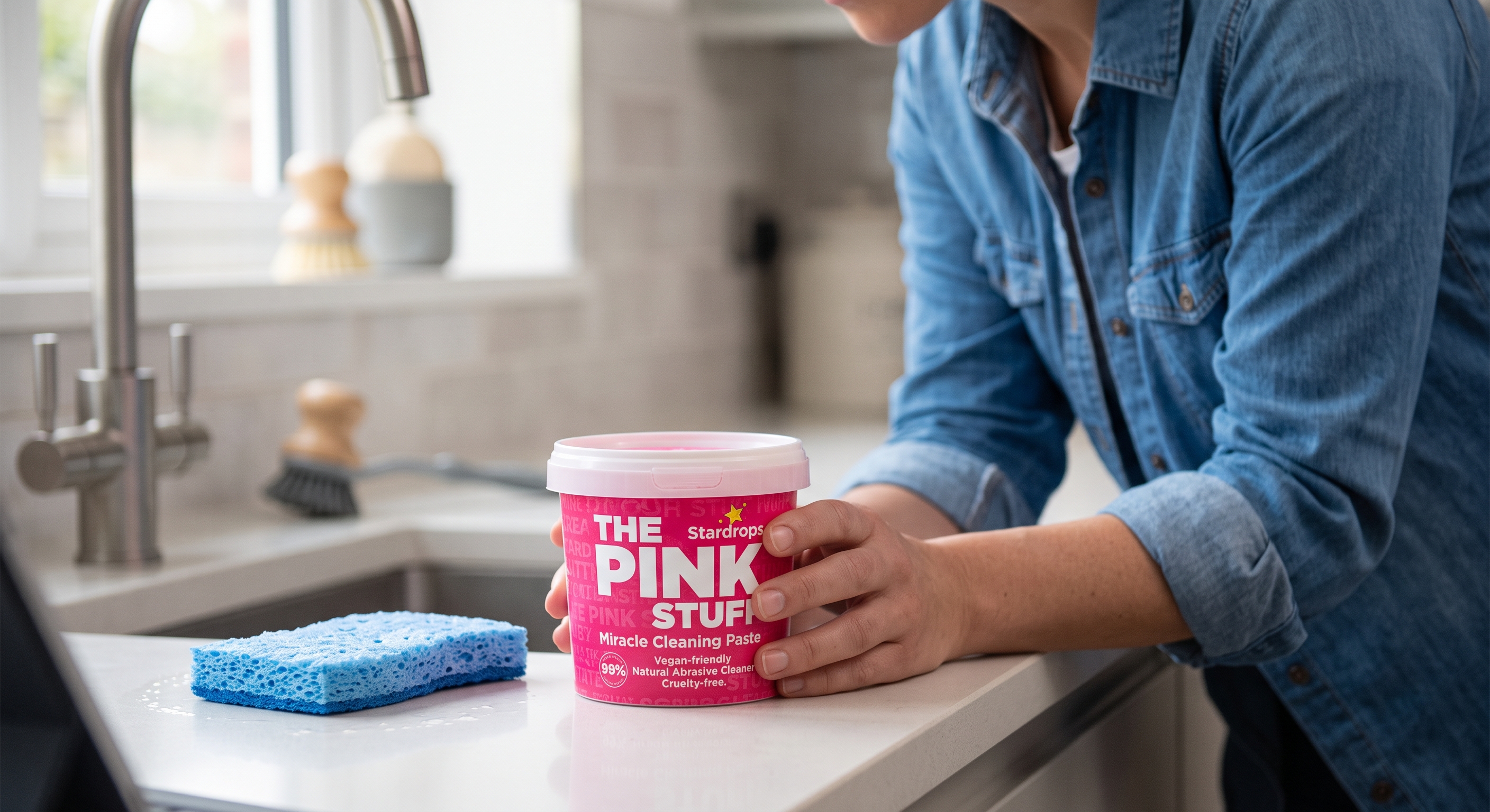 A person in a denim shirt holds a tub of The Pink Stuff Miracle Cleaning Paste next to a blue sponge on a kitchen counter.
