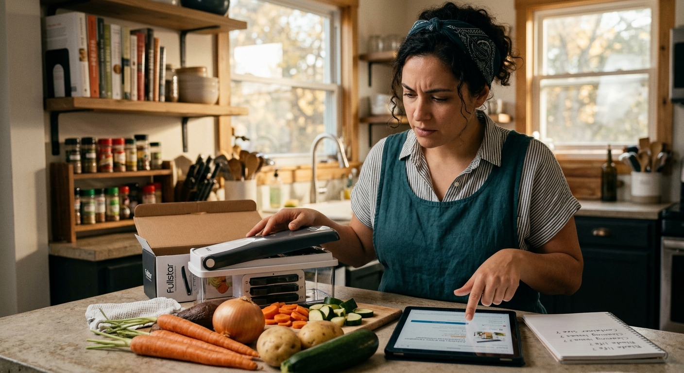 A woman in an apron in a kitchen, pointing at a tablet with one hand and touching a vegetable chopper with the other.