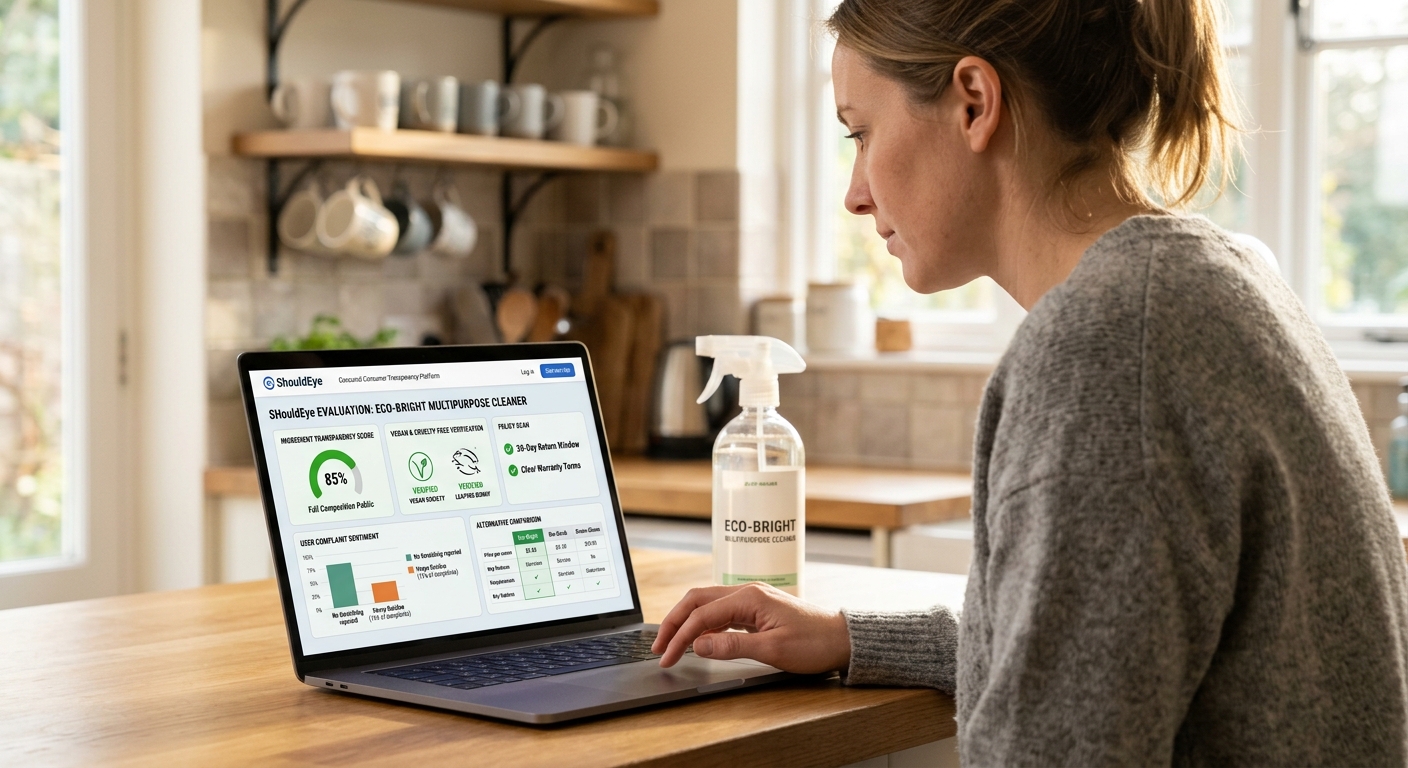 A woman sitting at a table with a natural cleaner spray bottle uses a laptop displaying the ShouldEye evaluation page.