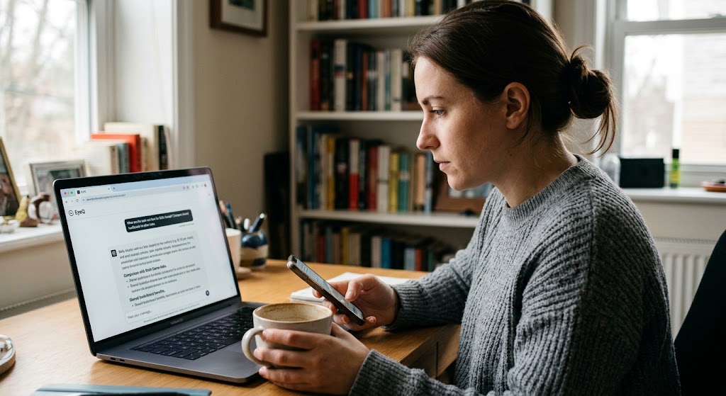 Woman using a laptop displaying the EyeQ tool and holding a smartphone, researching online game terms in a bright room.