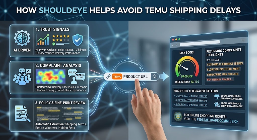 A diagram showing ShouldEye analyzing Temu links using trust signals, complaints, and policy reviews to assess risk.