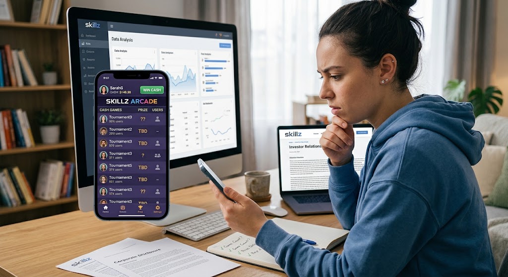 Thoughtful woman analyzing gaming app data and investor relations reports on phone and computer screen at desk.