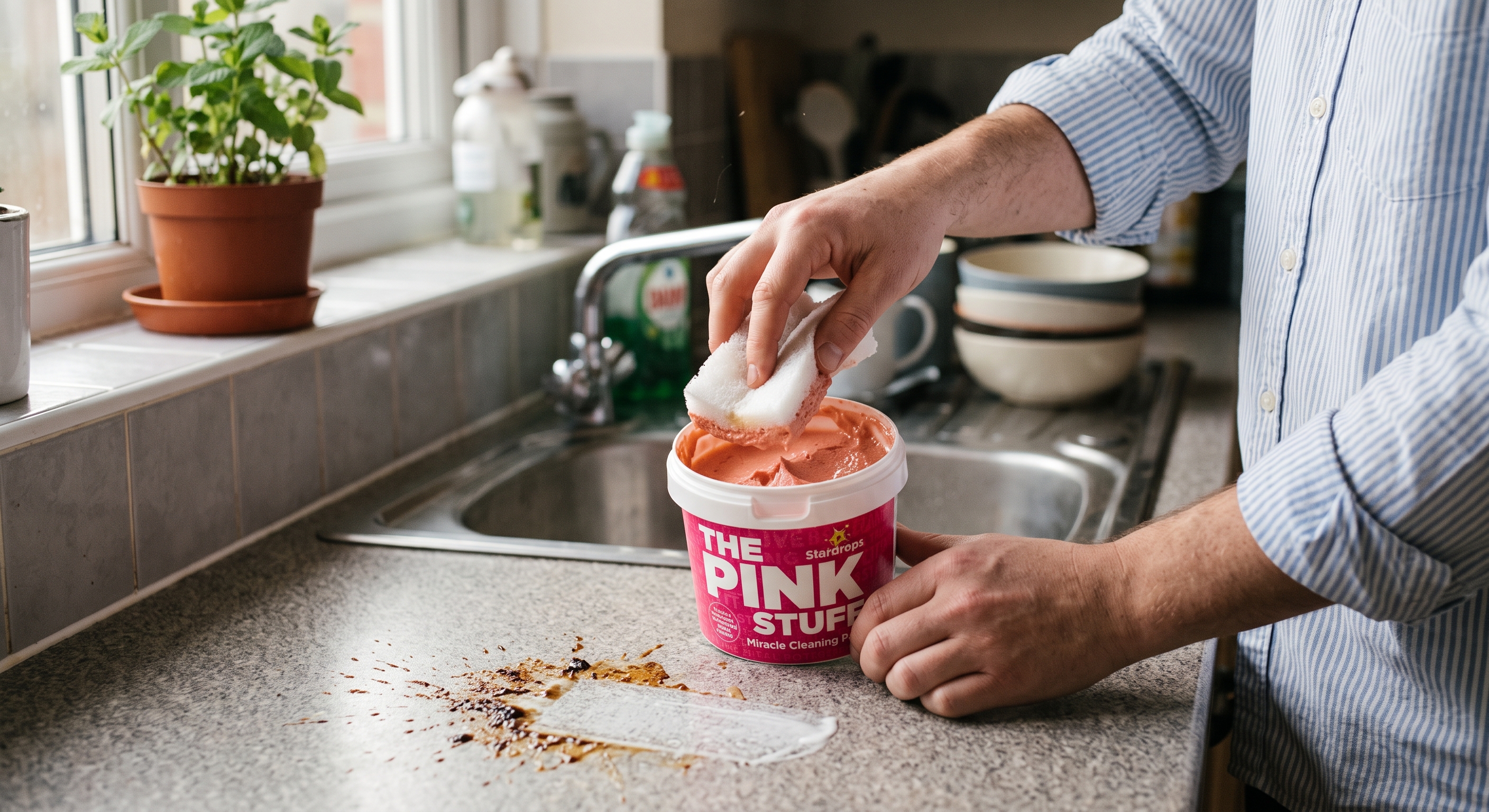A person uses a sponge to apply pink cleaning paste from a tub to a stained kitchen countertop near a stainless sink.