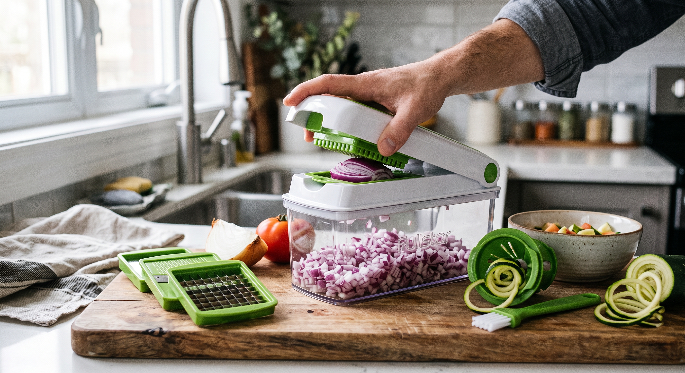 A hand uses a Fullstar vegetable chopper to dice an onion over a cutting board surrounded by attachments and produce.