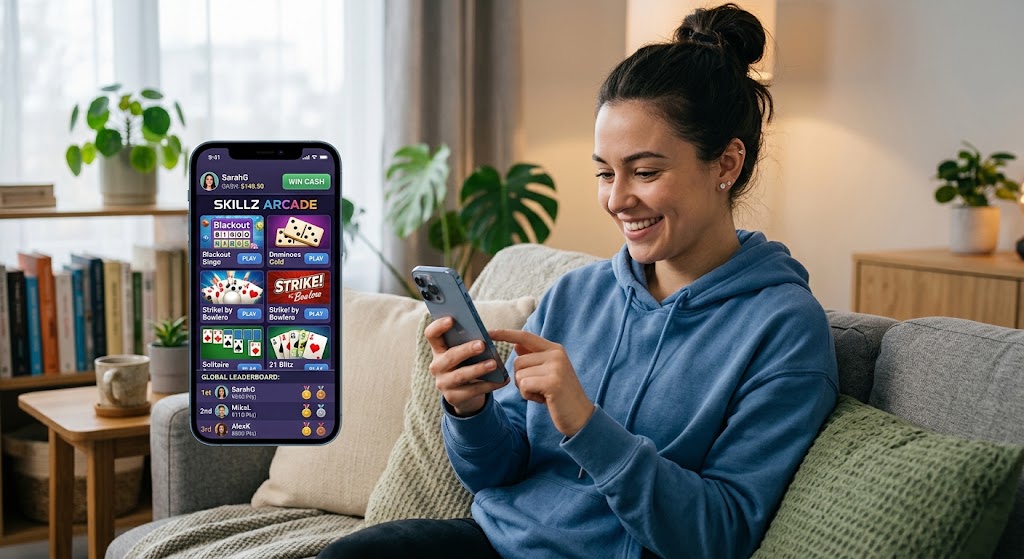 Woman sitting on a sofa using a smartphone displaying Skillz Arcade app with multiple mini-games and a leaderboard.