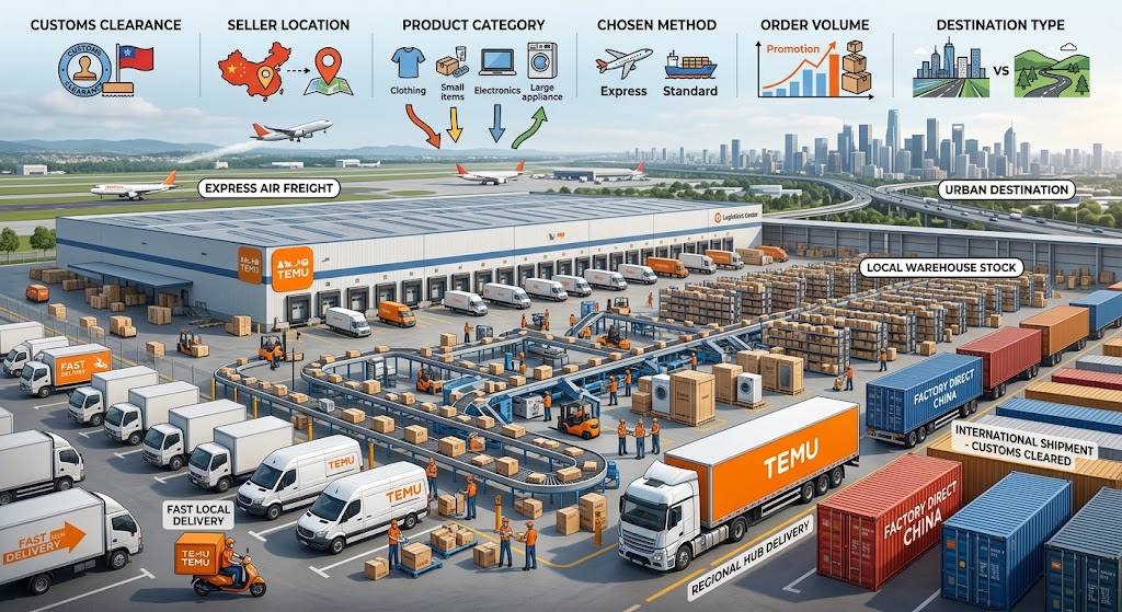 An infographic illustrating factors for Temu shipping speed, such as warehouse proximity and carrier partnerships, is displayed.