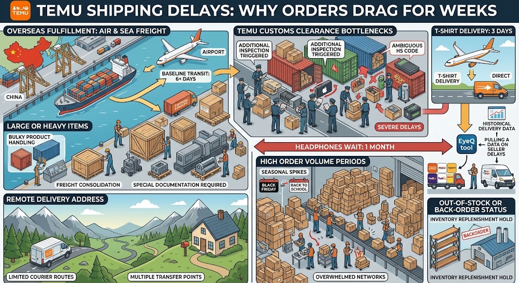 An infographic detailing causes for Temu order delays, including customs bottlenecks and overseas fulfillment routes.
