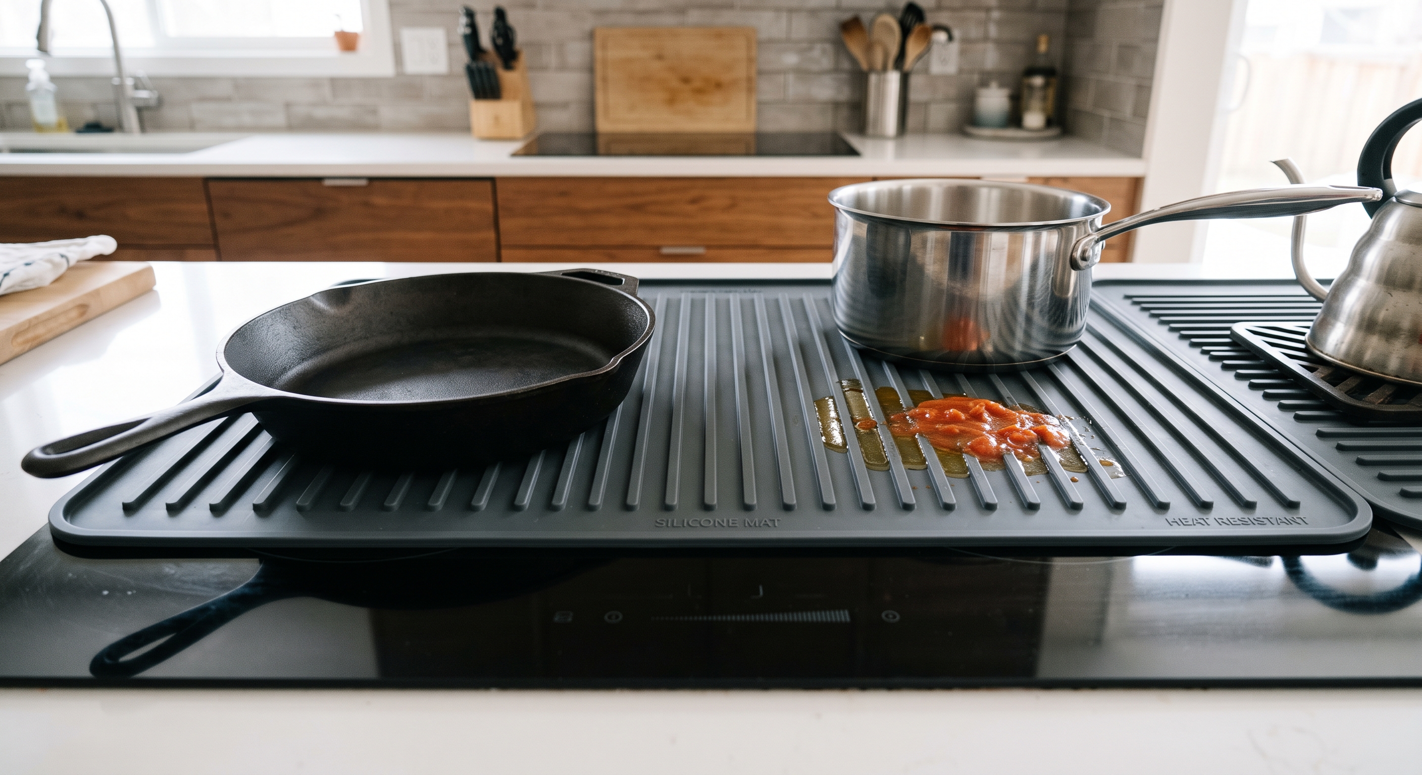 A dark grey silicone mat with wide ridges lies on a glass stovetop, holding a cast iron skillet and a sauce-stained pot.