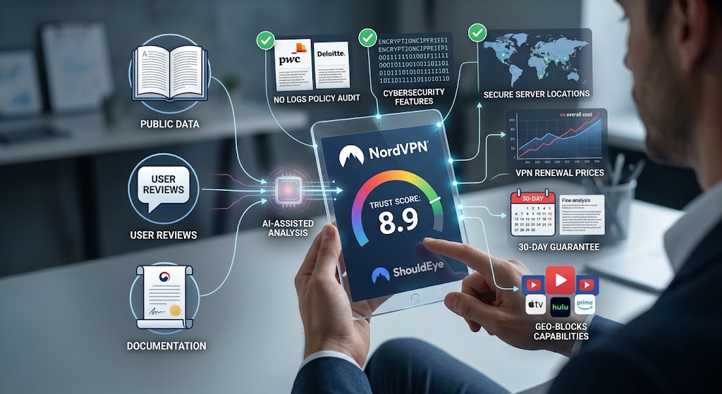 User holding a tablet displaying a ShouldEye trust score dashboard aggregating public data and NordVPN security checks.