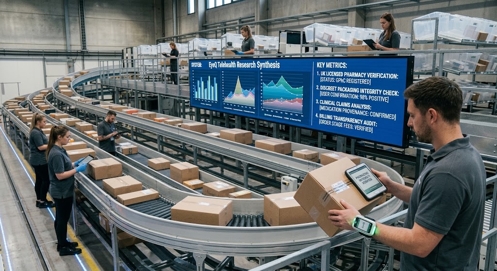 A worker holding a package on a warehouse conveyor line near a screen displaying EyeQ telehealth analytics data.
