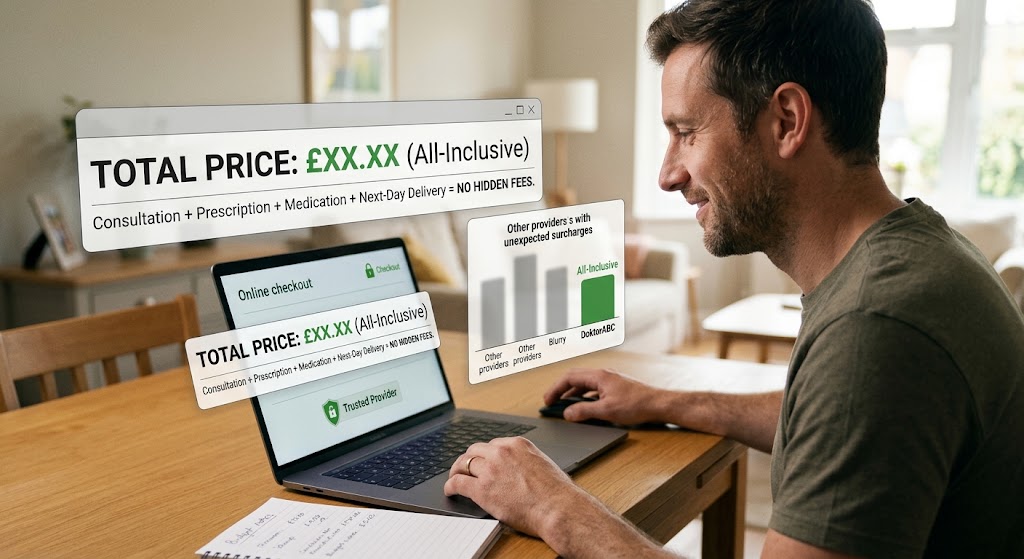 A man looks at a transparent digital overlay showing an all-inclusive telehealth price, reassuring him of no hidden fees.