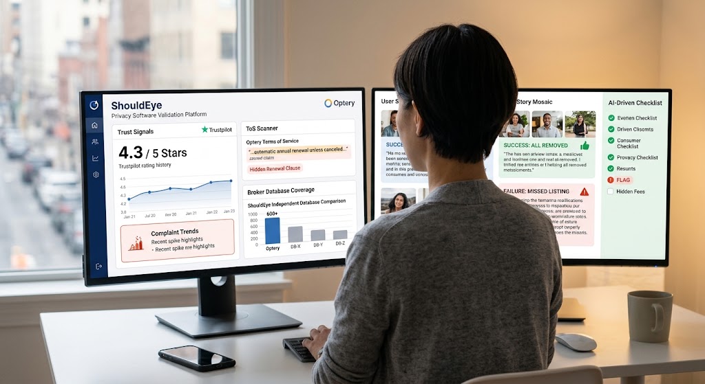 Woman in modern office uses ShouldEye dashboard on dual monitors, reviewing  scores and data coverage, seeking a trust score before purchasing privacy software