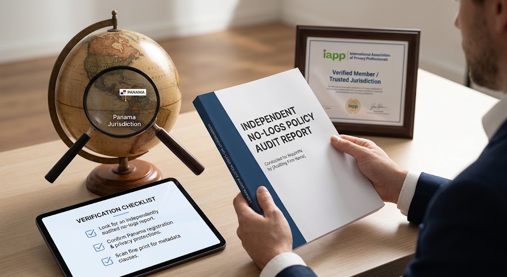 Man reading an independent no-logs policy audit report with a globe showing Panama and a checklist on a tablet screen.
