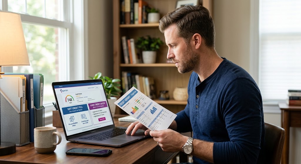 Man reviewing a printed Experian credit report while using a laptop showing soft and hard credit check information.