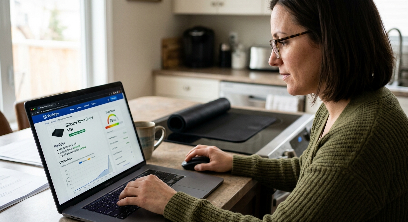 Woman with glasses at a kitchen counter using a laptop displaying ShouldEye trust score for a silicone stove cover mat.