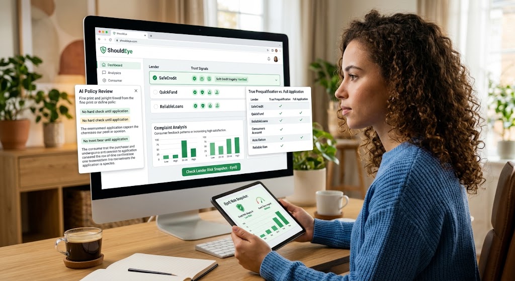 Woman using ShouldEye AI tool on a desktop screen to analyze loan prequalification policies and lender credit risk.