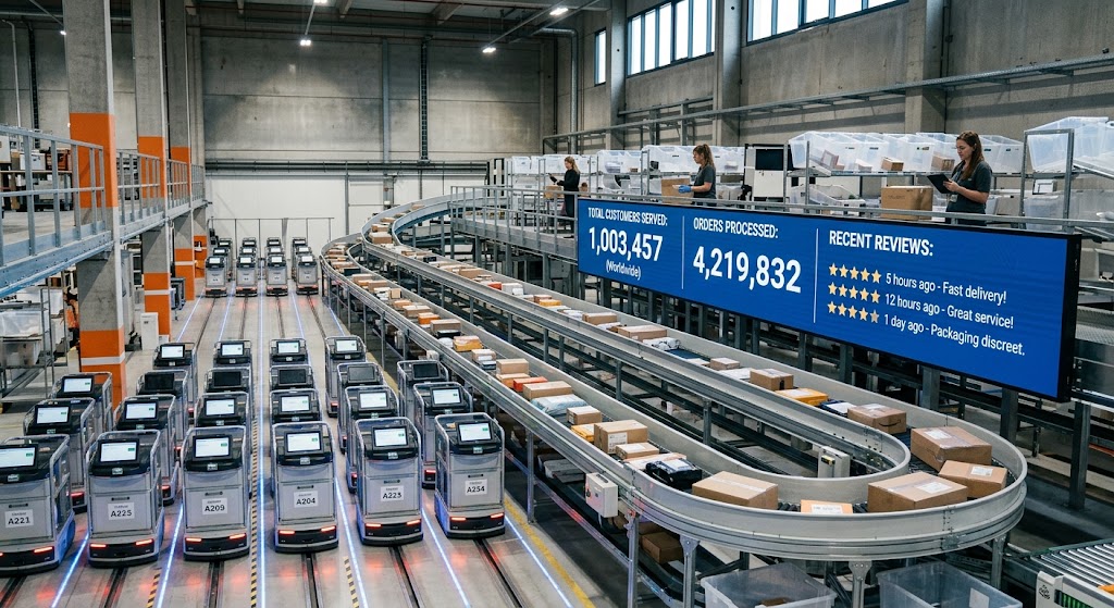 A high-tech fulfillment warehouse with conveyor belts, autonomous robots, and a digital board displaying customer stats.