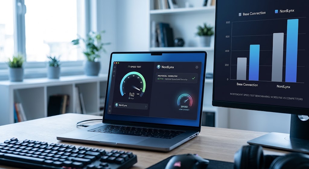 Laptop running NordLynx speed test showing high Mbps performance next to a monitor displaying benchmark comparison charts.