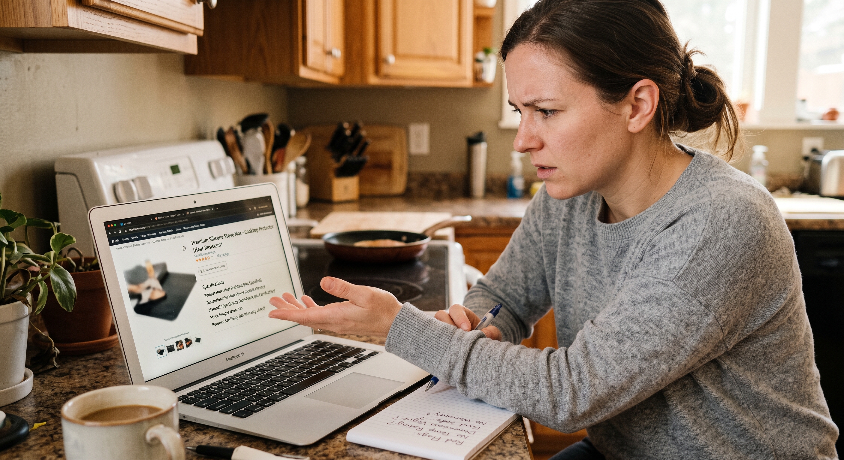 A woman with a confused expression points to a laptop screen listing "Premium Silicone Stove Mats," while a handwritten note below lists red flags like missing product specs and a no warranty policy.