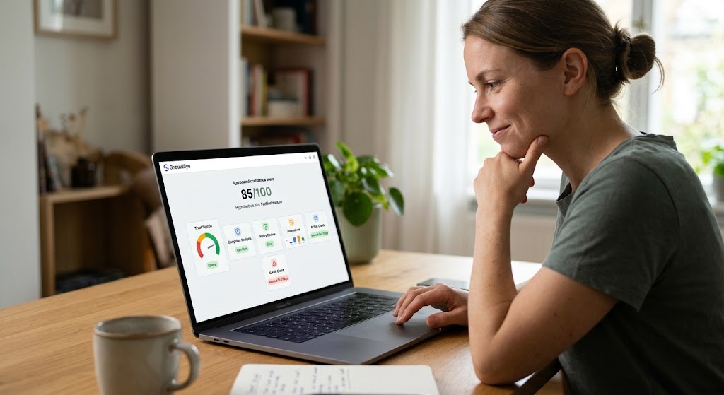 A woman uses her laptop to analyze a website safety report and trust signal score on ShouldEye.