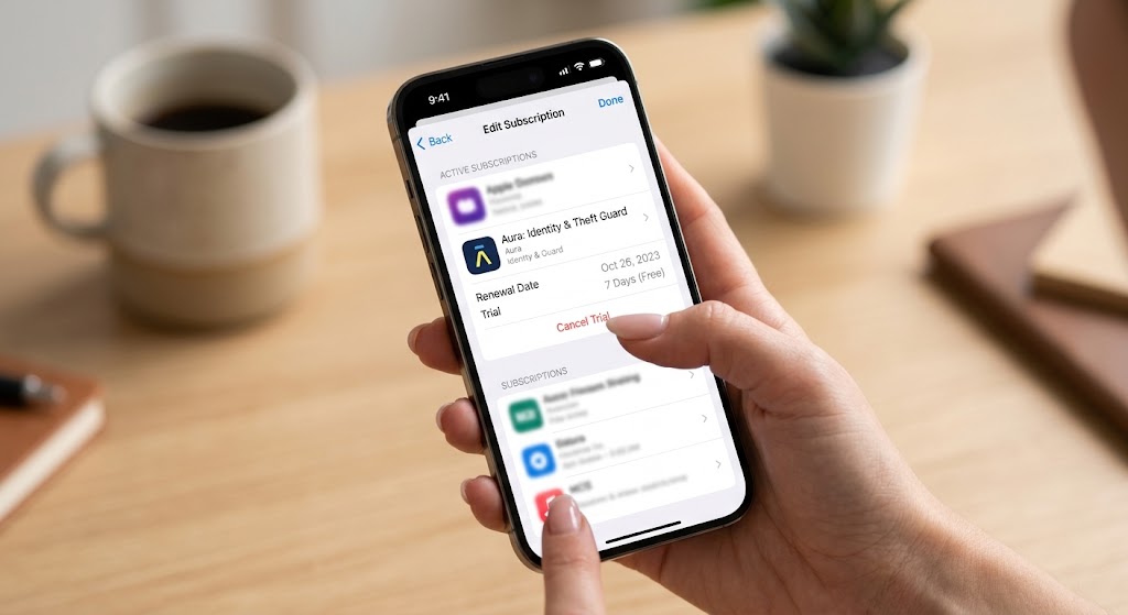 A person holding an iPhone on the iOS Subscriptions screen, tapping the red Cancel Trial button for Aura app.