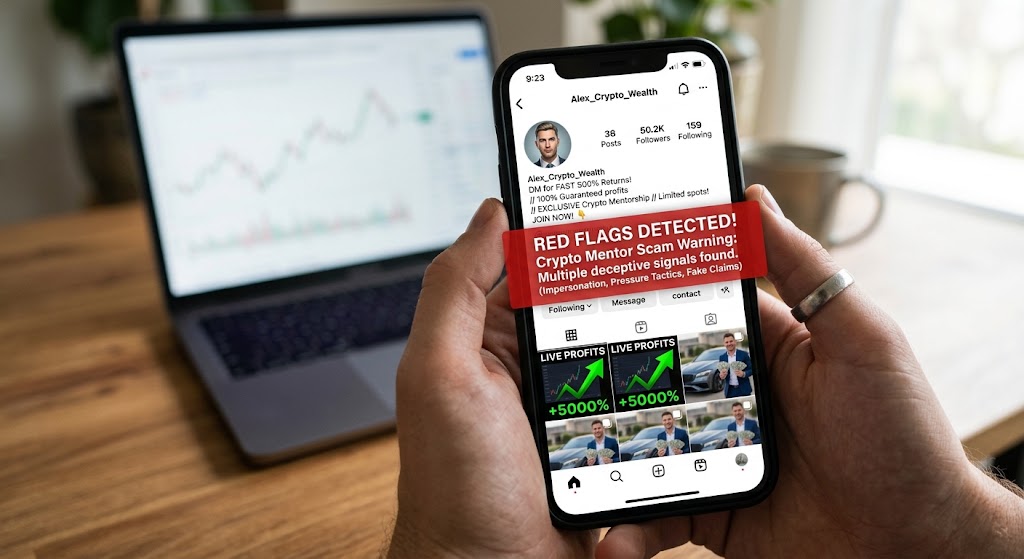 A phone shows a crypto mentor profile flagged with red warnings for fake profit claims and pressure tactics.