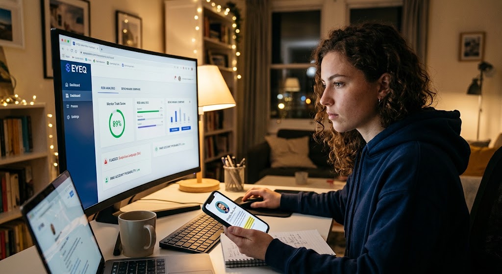 A person reviews an EyeQ trust report on a desktop screen while checking a crypto mentor's social profile on a phone.