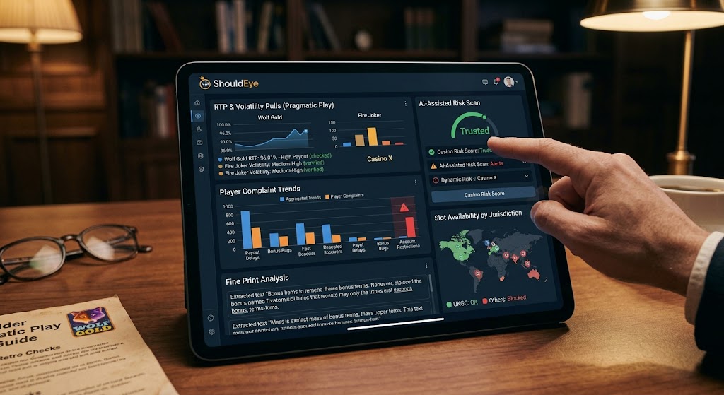 Tablet screen displaying the ShouldEye analytics dashboard with casino risk scores, RTP graphs, and complaint trends.