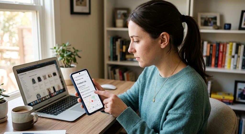 A woman reviews an online store's contact page with an address and map on her phone next to a laptop.