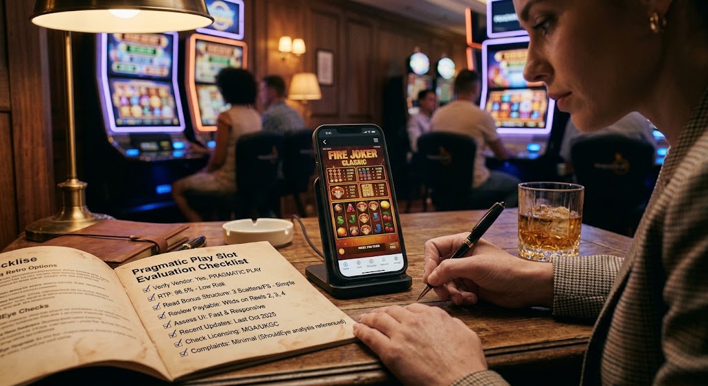 Woman reviewing a slot evaluation checklist on paper alongside a mobile phone displaying a classic slot machine game.
