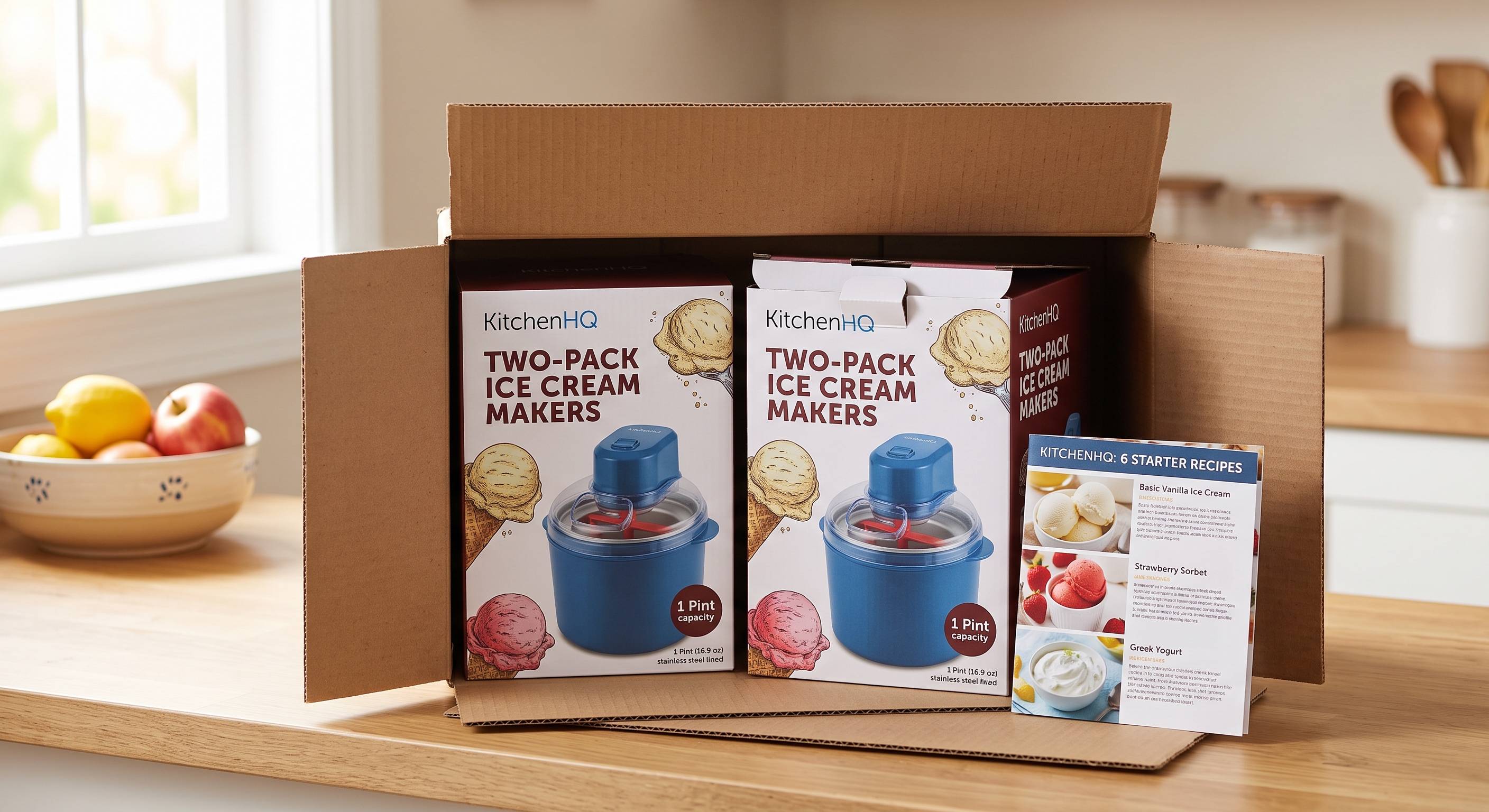 KitchenHQ Two-Pack Ice Cream Makers featuring two boxed blue units and a recipe card inside an open cardboard box.
