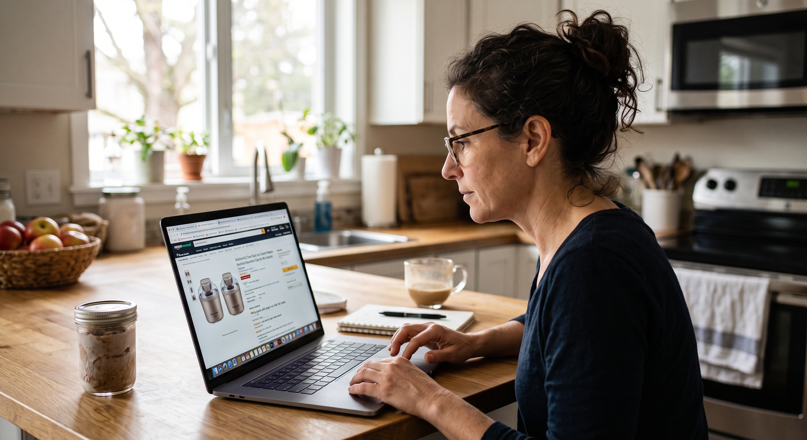 A woman with glasses looks at a laptop displaying small appliances, with a bowl of fruit and jars on a kitchen counter.