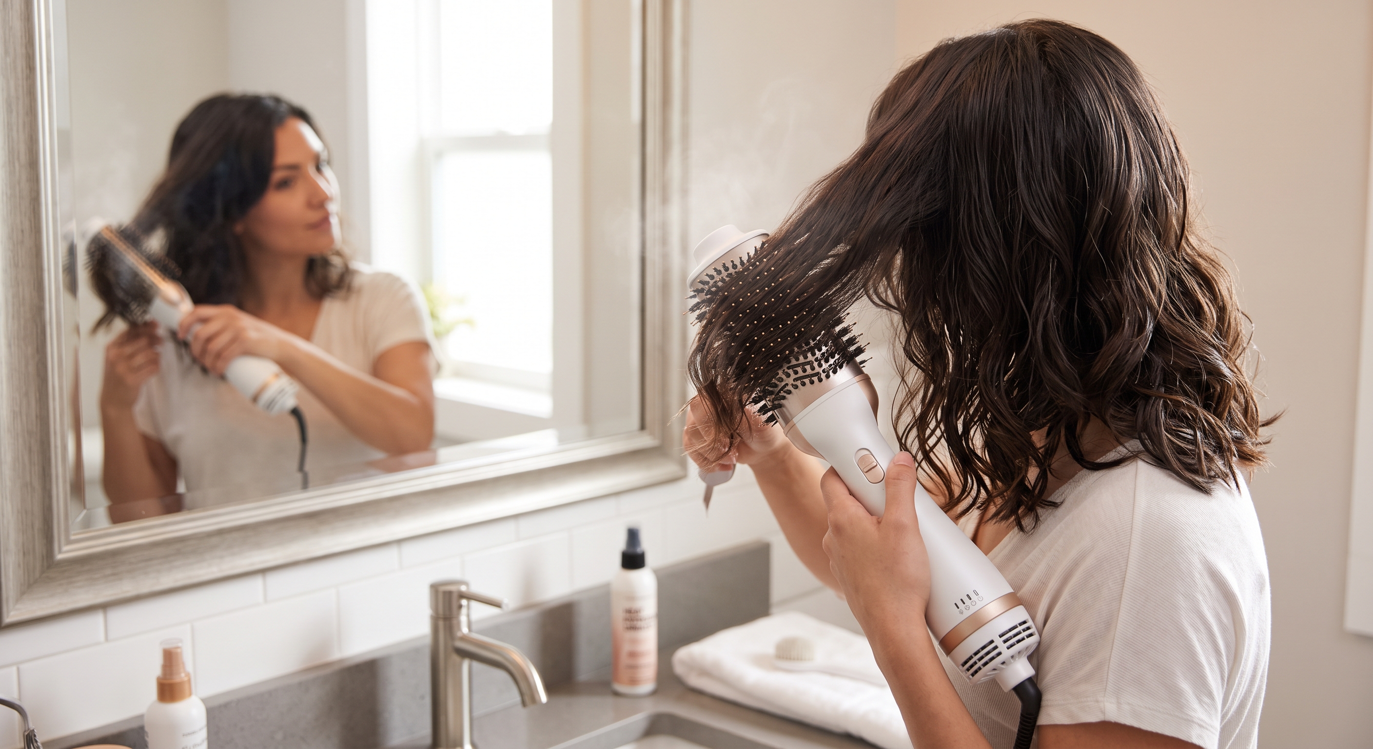 A woman uses a white and gold hot air brush in a bathroom mirror, creating volume and steam in her brunette hair.