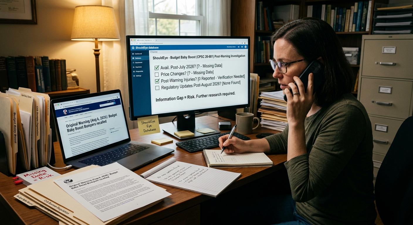 A woman speaks on the phone at a desk while researching missing product data on screens displaying ShouldEye notes.