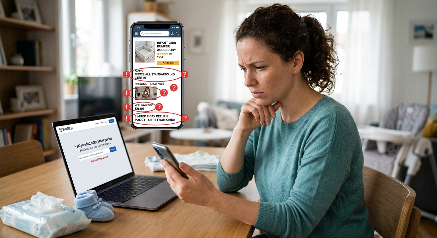 A woman looks confused as her phone flags red flags with red circles in a shopping app with a laptop in the foreground.