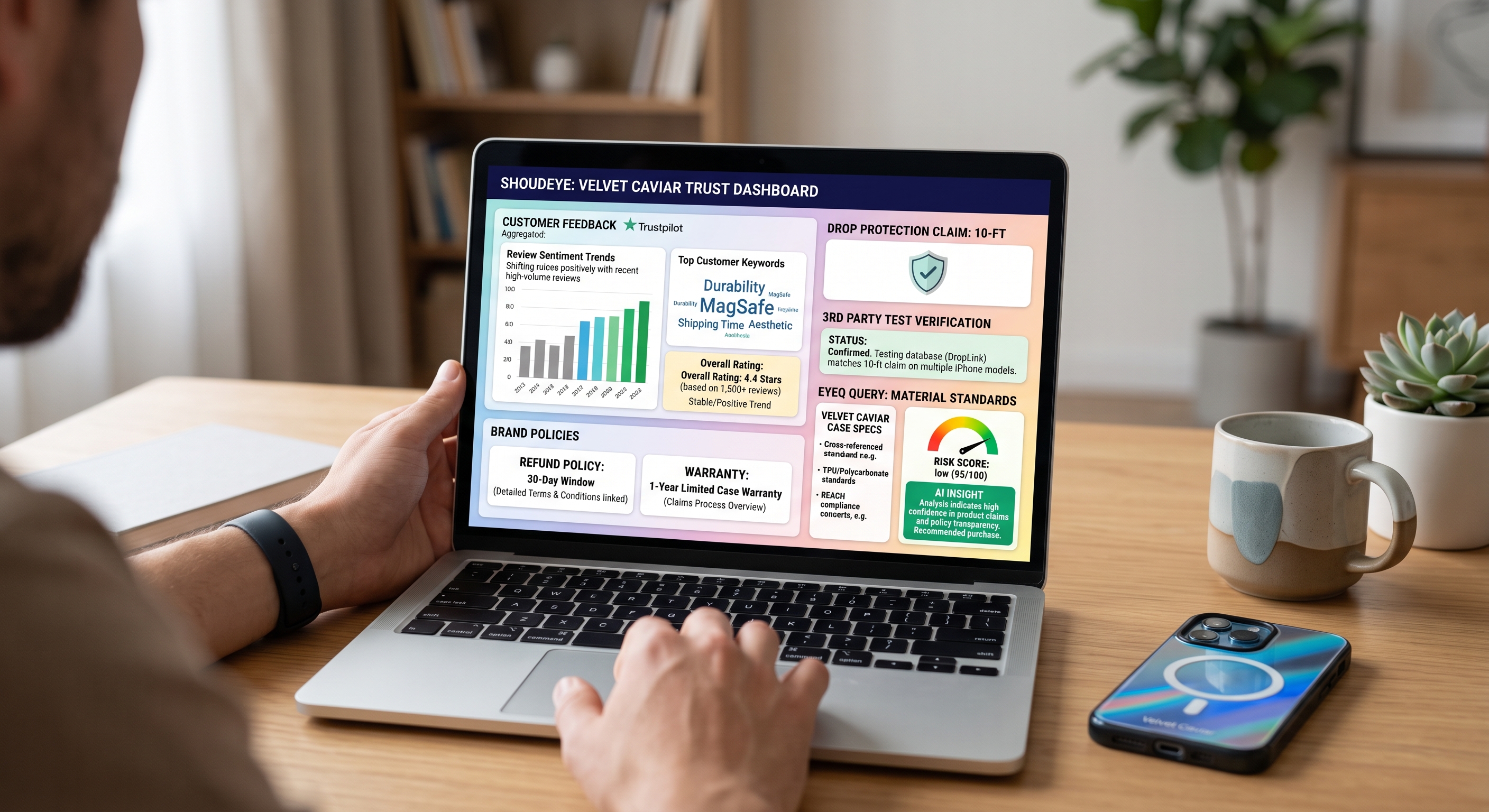 A person views a comprehensive "Velvet Caviar Trust Dashboard" on their laptop, showing key reviews, policies, and a risk score.