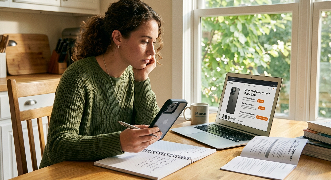 A woman uses a smartphone and a laptop, appearing to research or verify information about an online product.