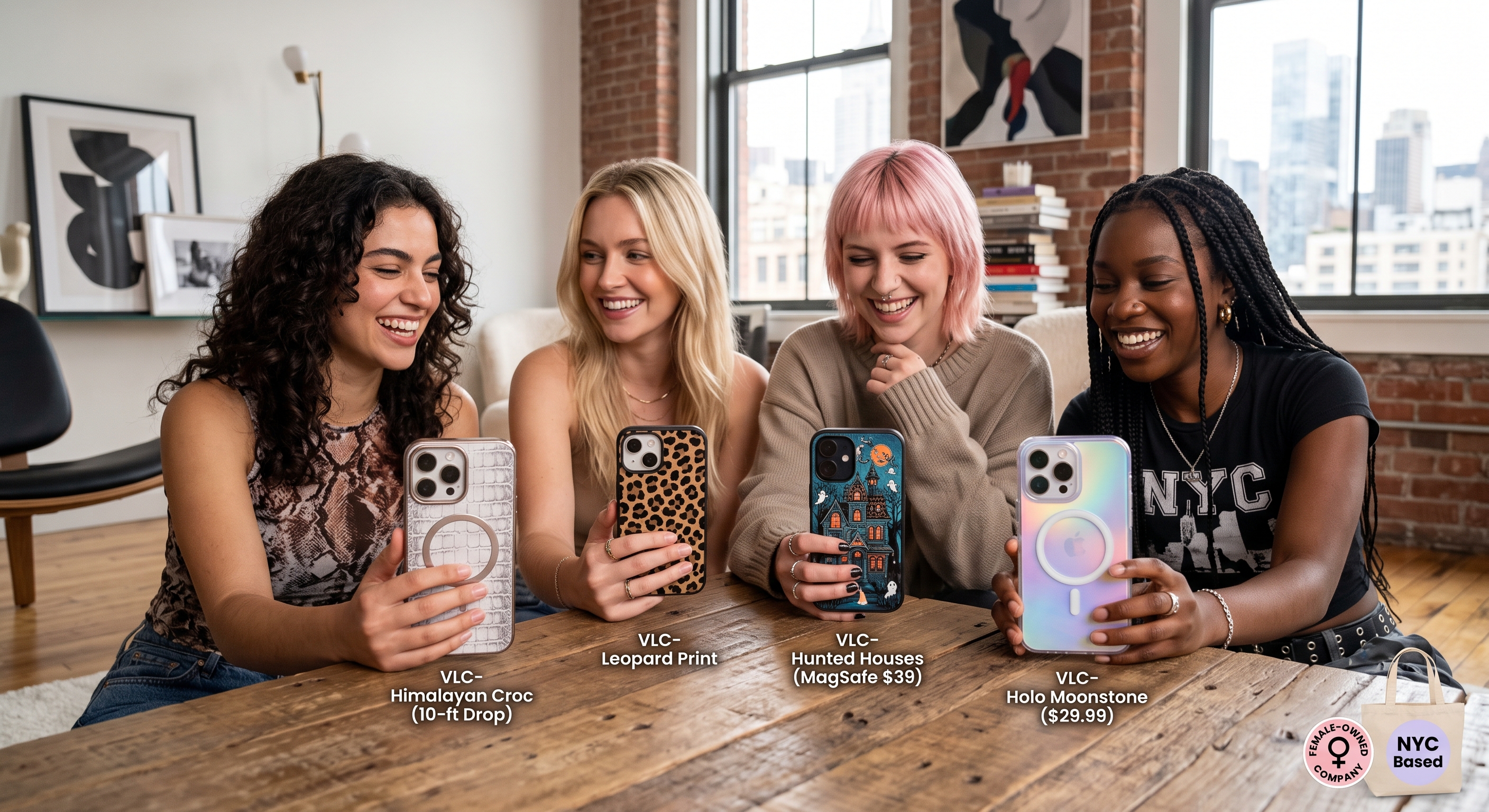 Four women showing off different branded phone cases (croc, leopard, graphic, holo) with MagSafe rings at a table.