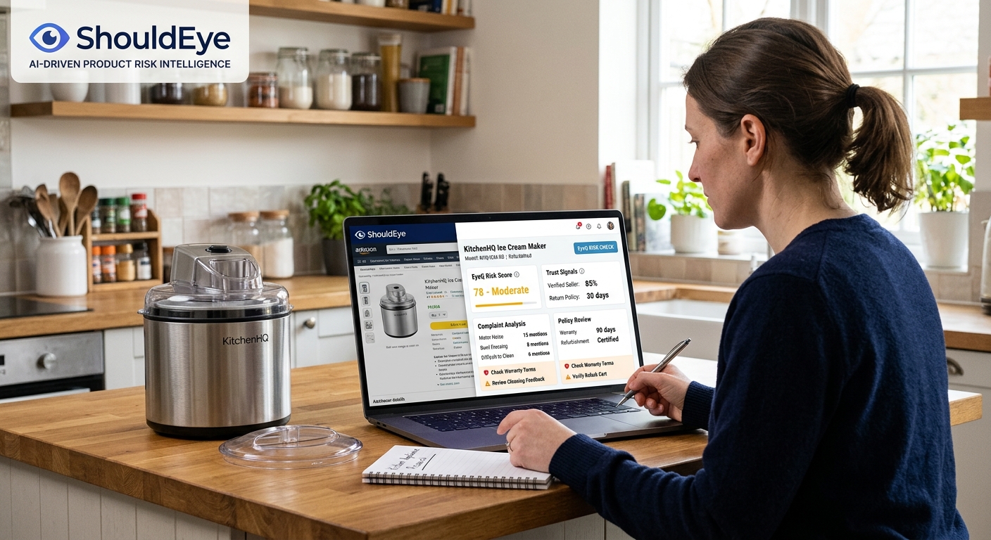 Woman uses laptop displaying ShouldEye dashboard to analyze KitchenHQ ice cream maker risk score and listing details.