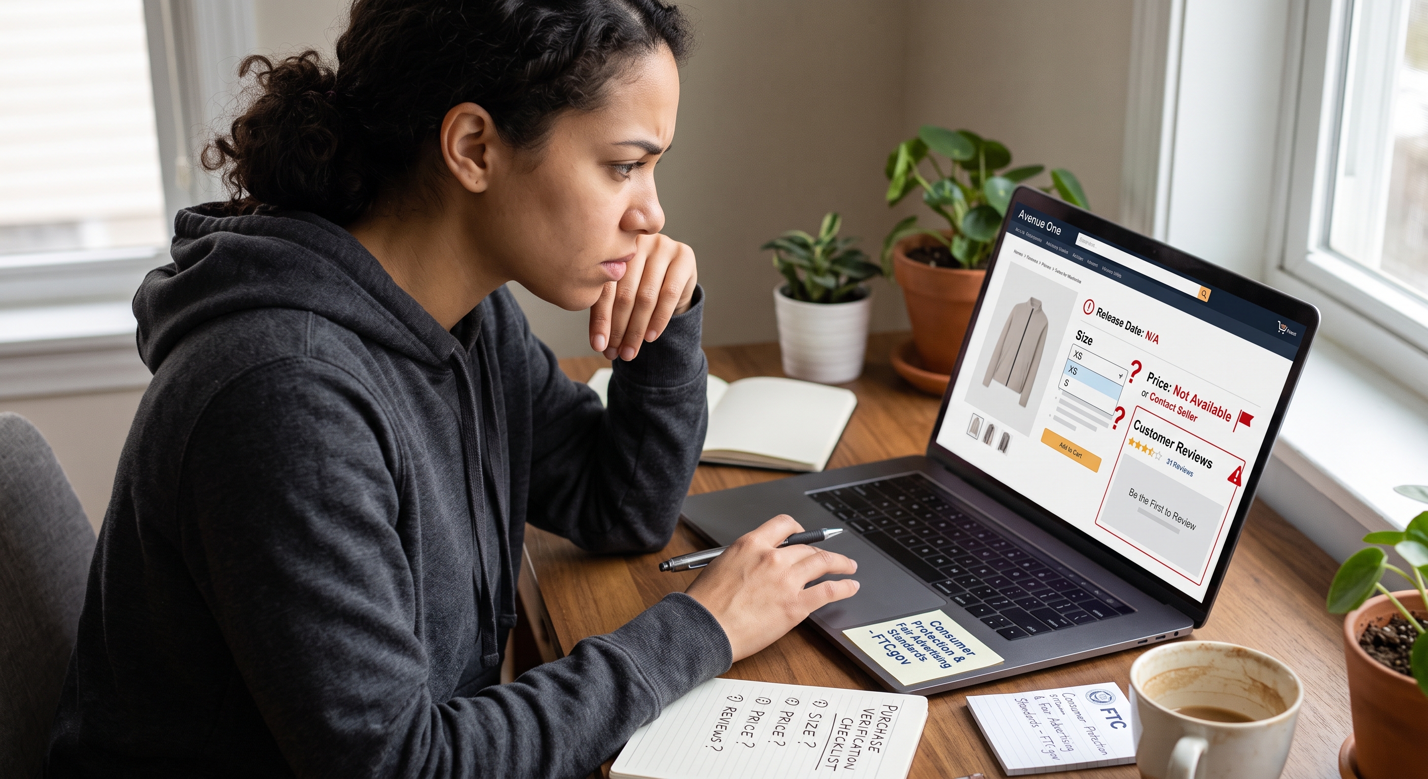 A thoughtful woman uses a laptop displaying an online clothing listing, next to a notepad with product research questions.