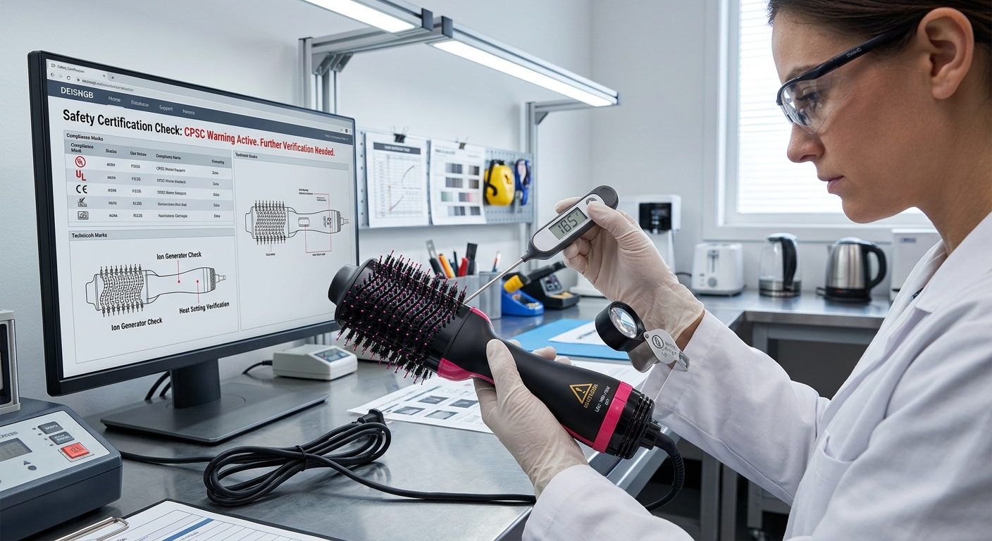 A scientist inspects a DEISNGB brush with a probe, verifying the ion generator and heat settings next to a screen showing safety checks.