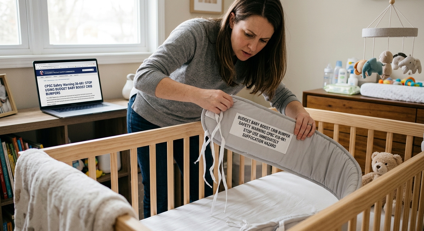 A worried woman removes a grey Budget Baby Boost Crib Bumper from a crib while a laptop shows a CPSC safety warning.