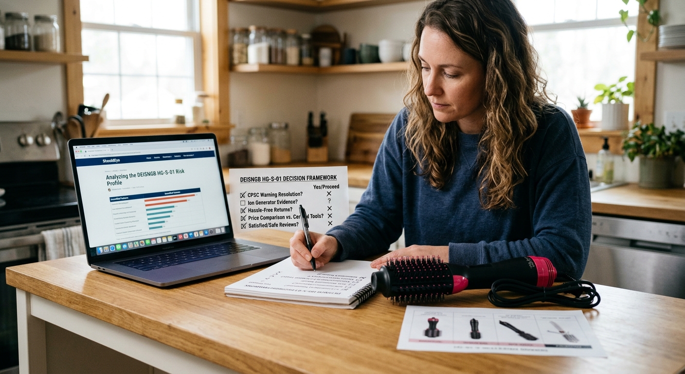 A woman works on a laptop showing a risk analysis graph and fills out a printed decision checklist for a hair dryer brush.