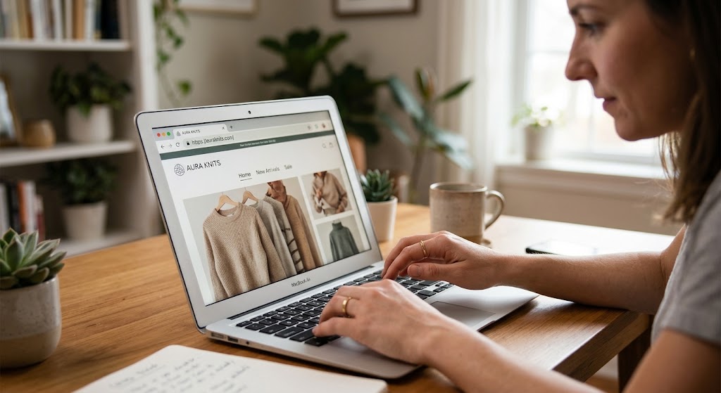 A shopper checks the URL structure of a clothing retailer on her laptop before placing an online order.