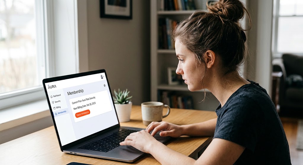 A young woman on a laptop is clicking 'Cancel Membership' on an Aura account webpage, featuring a orange button.