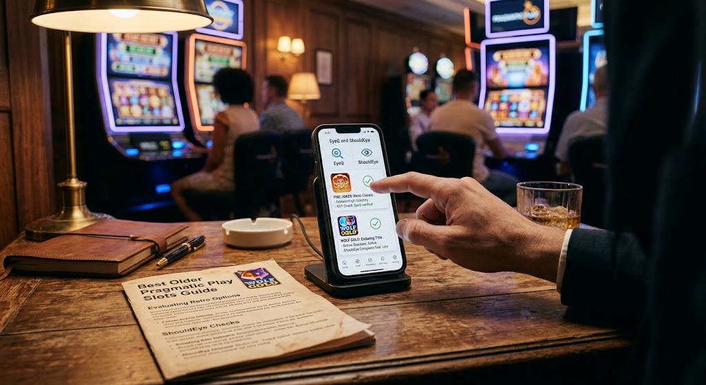 Hand using a smartphone displaying EyeQ and ShouldEye slot analysis apps at a wooden table in a dimly lit casino setting.