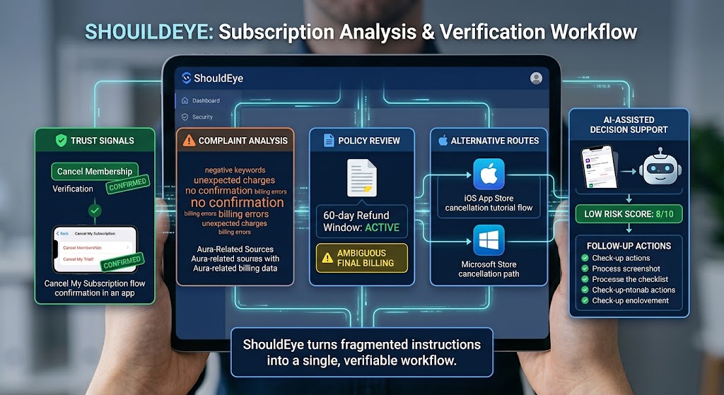 An infographic on a tablet showing ShouldEye's unified workflow to analyze Aura cancellation signals for safe processing.