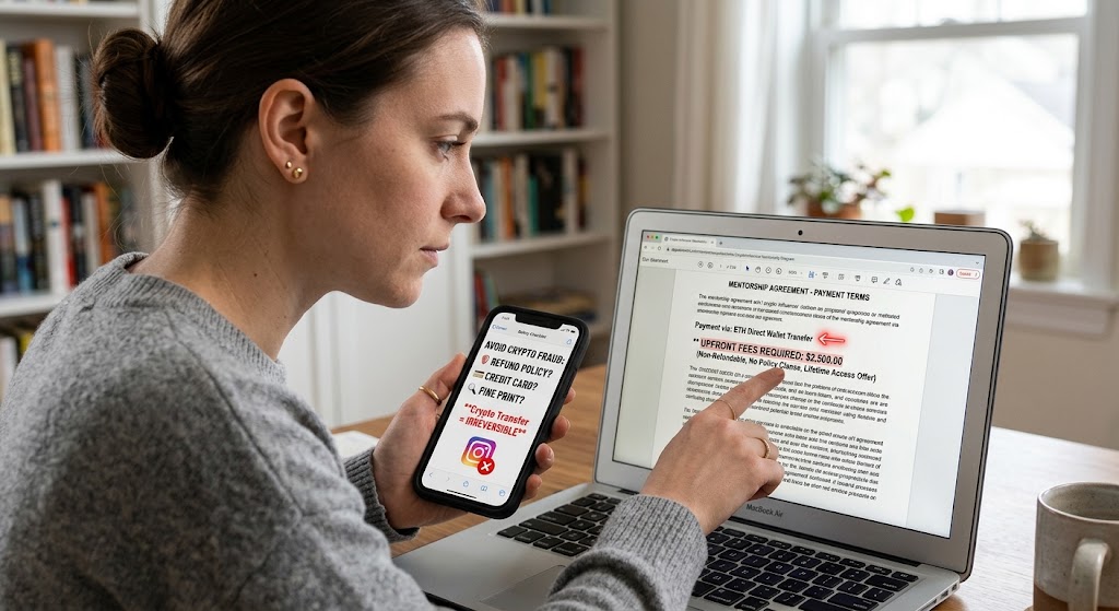 A woman compares crypto mentorship payment terms on a laptop while holding a phone listing safety red flags.